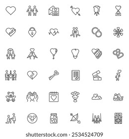 Valentine Day line icons set. linear style symbols collection, outline signs pack. Love vector graphics. Set includes icons as Heart shape, Flowers, Couple Kiss, Cupid Arrow, Wedding, Engagement ring