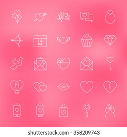 Valentine Day Line Icons Set. Vector Set of Modern Love Wedding Thin Outline Icons for Web and Mobile over Pink Blurred Background.