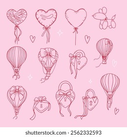 Valentine day linear clipart set. Contemporary designs of heart shaped balloons and lockers with coquette bows and ribbons. Romantic elements for lovers. Doodle vector isolated illustrations