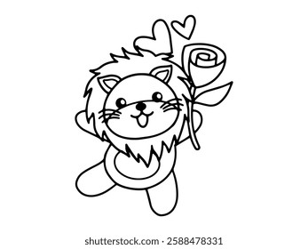 Valentine Day Lion Holding Rose Outline