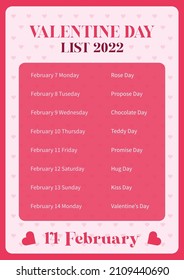 Valentine Day List 2022, Rose Day, Chocolate, Kiss, Propose Day Vector Illustration