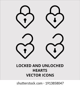 Valentine day locked and unlocked hearts vector isolated editable icons