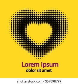 Valentine Day logo with heart shape sign and dot with lettering. Greeting Card with isolated element on a yellow background. Abstract Branding Identity. Corporate design template. Vector illustration