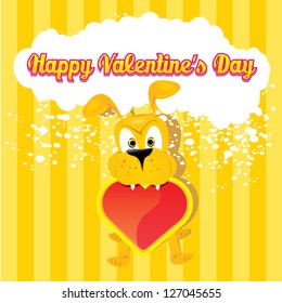 valentine day love beautiful card. vector cute cartoon puppy holding heart. love concept illustration.