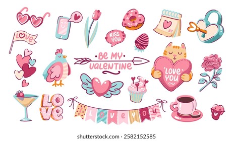 Valentine day and love cartoon stickers set. Funny cat with heart and strawberry with chocolate, rose and cupcake, donut and lock. Valentine day gifts mascot, cartoon collection vector illustration