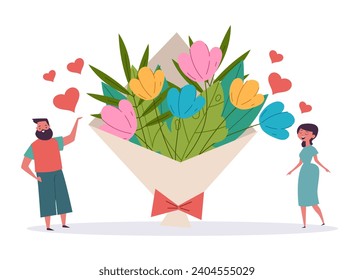 Valentine day love couple gift flowers concept. Vector flat graphic design illustration