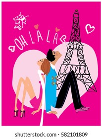 Valentine day. Love couple on heart background with eiffel tower in paris on purple heart background. Vector illustration.