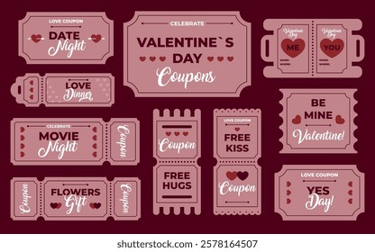 Valentine day love coupons, romantic tickets for movie night or dinner, holiday gift voucher, free kiss and dating admission card celebration set. Invitations, greetings templates vector illustration