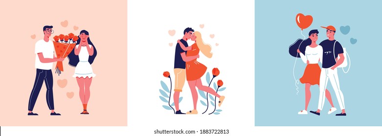Valentine day love design concept with square compositions of young loving couple with flowers heart icons vector illustration