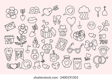 Valentine day. Love doodles. Heart, love symbols, gift, valentines, balloon, note, sweets, flowers and letter. Vector isolated romantic outline hand drawings for festive design.