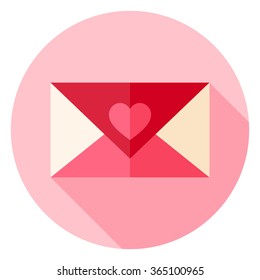 Valentine Day Love Envelope with Heart Circle Icon. Flat Design Vector Illustration with Long Shadow. Happy Valentine Day and Love Symbol.