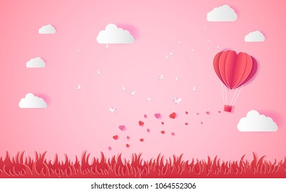 valentine day Love, with heart float on the sky.paper art ,balloon flying over grass vector illustration