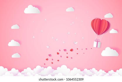 valentine day Love, with heart float on the sky.paper art ,balloon flying over Cloud vector illustration