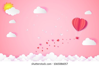 valentine day Love, with heart float on the sky.paper art ,balloon flying over Cloud vector illustration