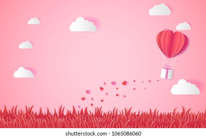valentine day Love, with heart float on the sky.paper art ,balloon flying over grass vector illustration