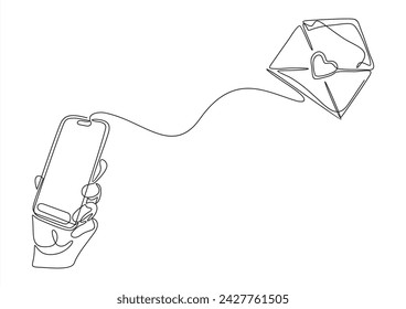 Valentine day love heart mail envelope letter phone concept. Hand hold smartphone, heart email send, new love message line icon. Phone message outline icon.Continuous one line.