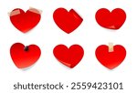 Valentine day love heart stickers. Vector red holiday heart shaped paper sticky notes with curled edges, glued with tape and pinned with a pin evoke romantic feelings of love, affection and emotions