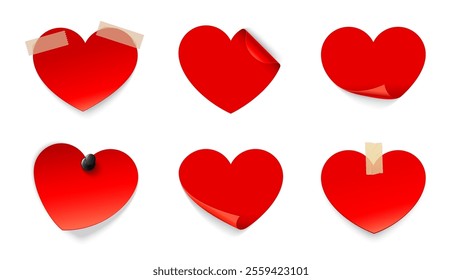 Valentine day love heart stickers. Vector red holiday heart shaped paper sticky notes with curled edges, glued with tape and pinned with a pin evoke romantic feelings of love, affection and emotions