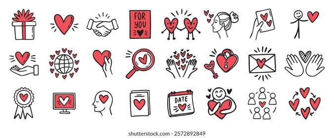 Valentine day love and hearts doodle hand drawn icon set. Outline drawing love line clipart symbol collection. Vector illustration