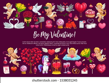 Valentine Day love holiday, cupid angles with hearts, flowers and balloons. Vector Be my Valentine quote calligraphy, roses flowers, love potion and wedding diamond ring, marriage gifts and cake