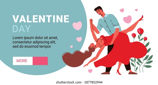 Valentine day love horizontal banner with dancing couple heart signs and editable text with slider button vector illustration