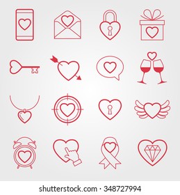 Valentine day love icons set. Thin line style, flat design. The file is saved in the version 10 EPS. 
