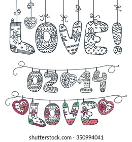 Valentine day love knitted letters, date.Holiday decorative doodle garlands,hand drawing vector illustration.Cute decorations,isolated on over white background