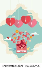 Valentine Day love lette and hearts flying on the sky design background Vector Illustration