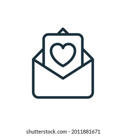 Postales de amor de San Valentín con sobres. Cuidados, caridad, voluntariado y concepto de donaciones. Icono lineal del mensaje de amor. Pictograma romántico de postal o sobre. Trazo editable. Ilustración vectorial.