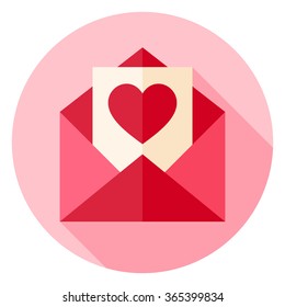 Valentine Day Love Postcard With Envelope Circle Icon. Flat Design Vector Illustration With Long Shadow. Happy Valentine Day And Love Symbol.