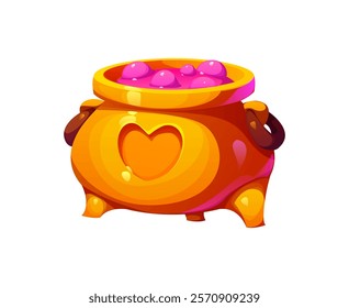 Valentine Day love potion cauldron, vector romantic holiday. Cartoon golden cauldron or cooking pot with heart symbol full of witch potion, alchemist elixir or wizard magic drink with pink bubbles