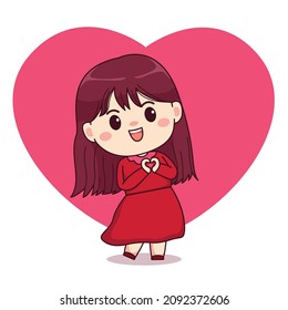 Valentine day love sign girl with red dress cute kawaii chibi character design