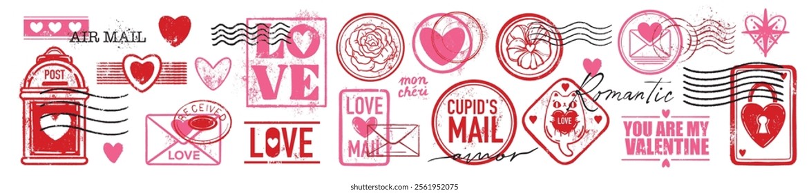 Valentine day love stamp set, vector romantic mail print collection, February heart vintage sign. Greeting wedding correspondence postcard sticker, date postage retro graphic. Valentine stamp decor