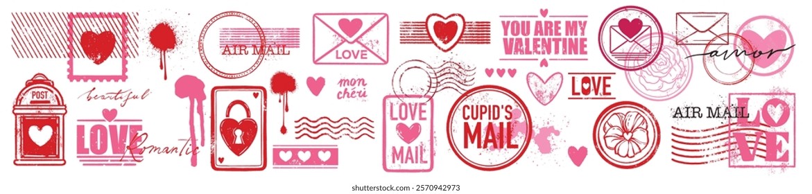 Valentine day love stamp set, February mail print vector romantic collection, heart vintage sign. Greeting wedding correspondence postcard sticker, date postage retro graphic. Valentine stamp decor