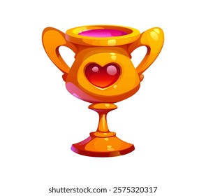 Valentine day love symbol of golden cup with heart and magic potion, cartoon vector. Valentine day, wedding or marriage and engagement symbol of love spell potion in golden goblet with heart gemstone