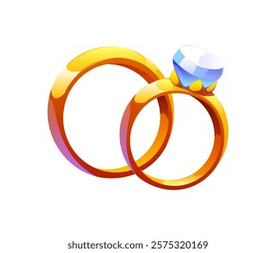 Valentine day love symbol, wedding golden rings for marriage, cartoon vector. Wedding rings with diamond jewel gem for bride and bridegroom marriage or engagement and Valentine day love symbol