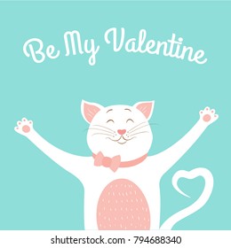 Valentine day lovely greeting card template. Cute smiling happy cat animal cartoon character pink white isolated on light blue background. Hugs posture. Bow tie. Heart shape tail. Text placeholder.