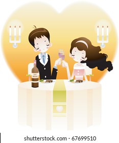 Amantes de San Valentín - sentados en un restaurante romántico con una atractiva mujer y un joven en un alegre aniversario con fondo blanco y un gran corazón: ilustración vectorial