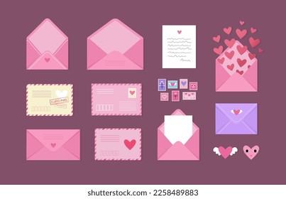 Valentine day mail post letters isolated vector illustration. Cute romantic letters, open envelope with flying hearts, cupid mail for Valentine's Day holiday. Different postal letters envelopes set.