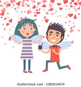 Valentine day, man kneels down with proposal marriage to woman with wings. Postcard decorated by red hearts, angels meeting, couple romantic day vector