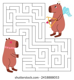 Juego de laberinto de San Valentín para los niños. El cupido capibara busca un camino hacia el encantador capibara. Hoja de trabajo imprimible con solución para la escuela y preescolar.