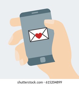 Valentine day message concept. Smart phone with love message on screen.
