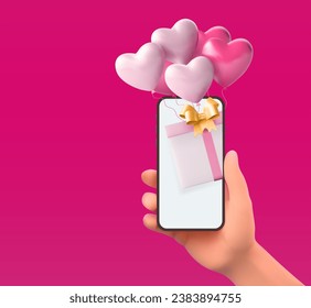 Valentine day message on phone screen. Hearts Holding phone hand