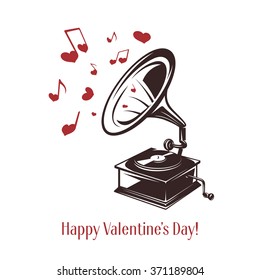 Valentine day minimalistic style card. Vintage gramophone with greeting text. Happy valentines day. Trendy design element for posters, greeting cards, invitations. Vector retro illustration.