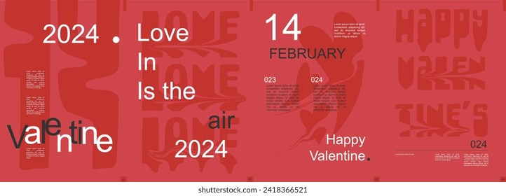 Valentine day modern banner with trendy minimalist typography design. Poster templates with heart symbols and love quotes with glitch effect and text elements on red backdrop. Vector illustration.