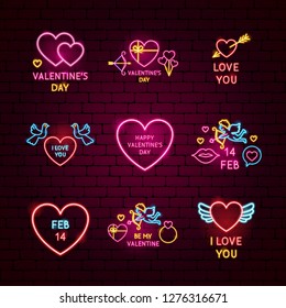 Valentine Day Neon Label Set. Vector Illustration of Love Promotion.