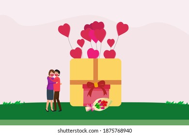 Valentine day in new normal vector concept: Young couple celebrating valentine day while wearing face mask in new normal
