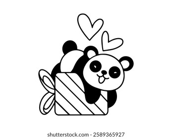 Valentine Day Panda Holding Gift Line Art