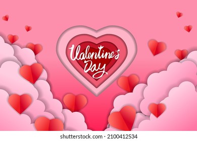 Valentine day papercut craft design banner, red pink hearts and clouds. Template background for greeting card, invitation, vector