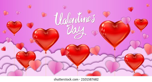 Valentine day papercut craft design horizontal banner, red pink balloon hearts and clouds. Template background for greeting card, sale, invitation, vector